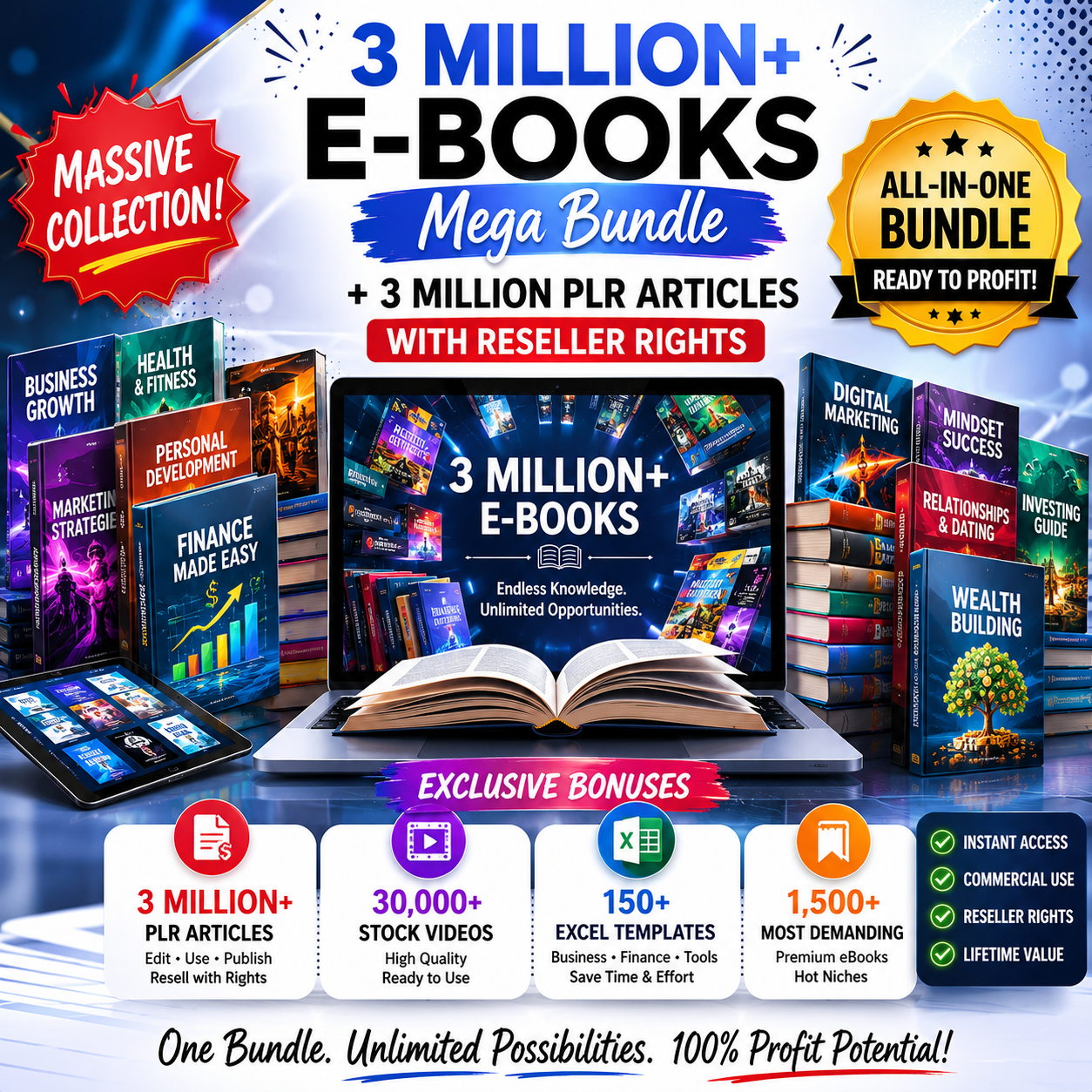 All-in-One 3M eBooks Bundle + 3 Million PLR Content Articles Included