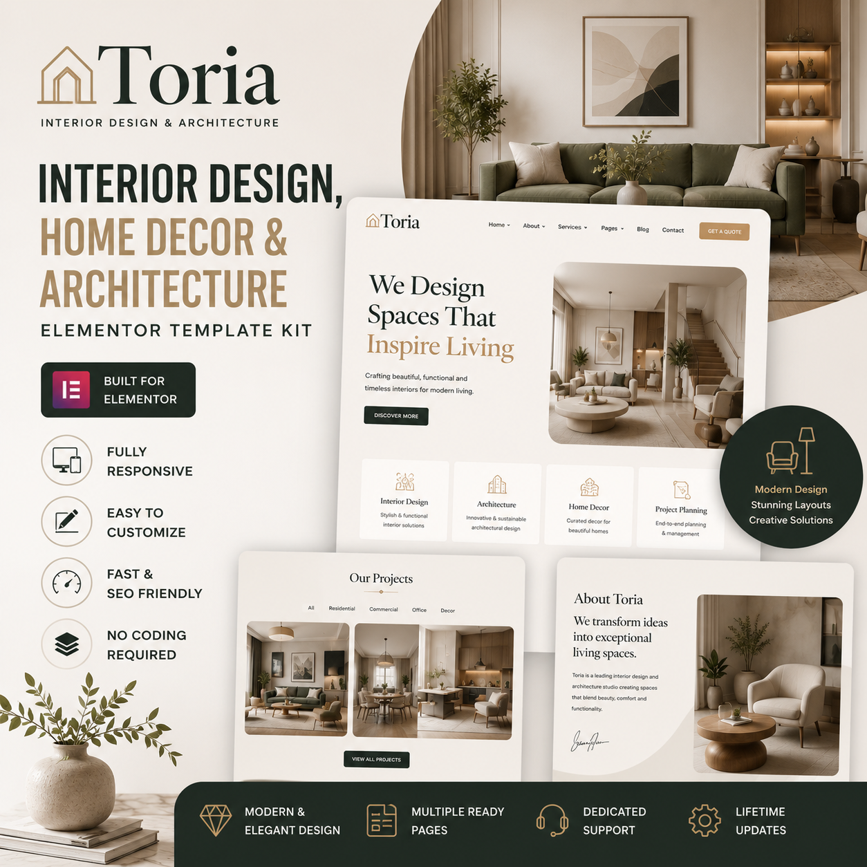 Toria – Interior Design, Home Decor & Architecture Elementor Template Kit Download