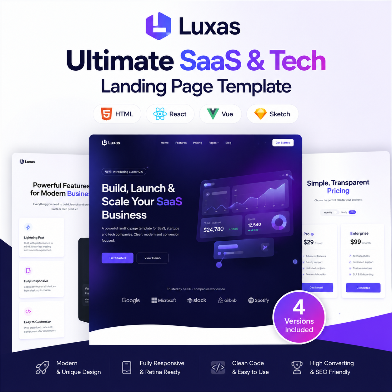 Luxas – Ultimate SaaS & Tech Landing Page Template | HTML, React, Vue & Sketch - Image 2